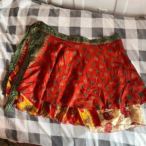 Elegant Red and Green Women's Apron Style Tie Waist Skirt 80% Silk